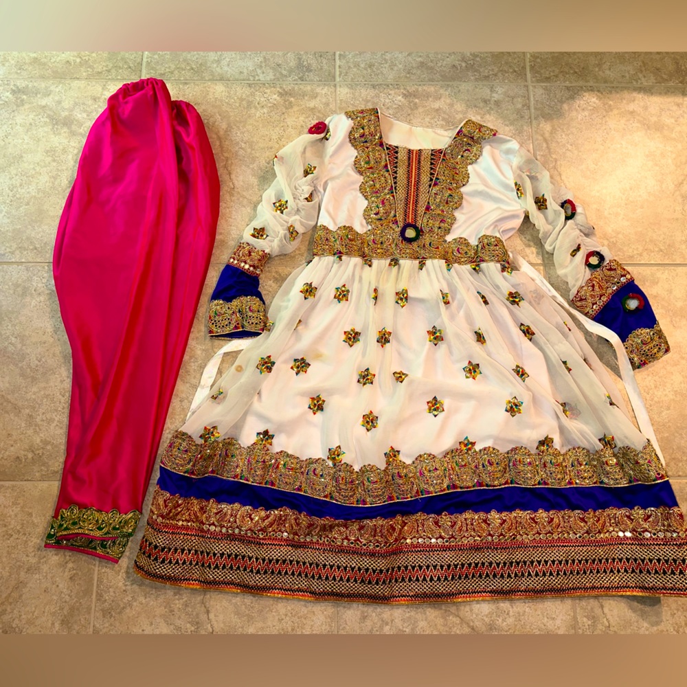 Elegant White and Blue Embroidered Dress